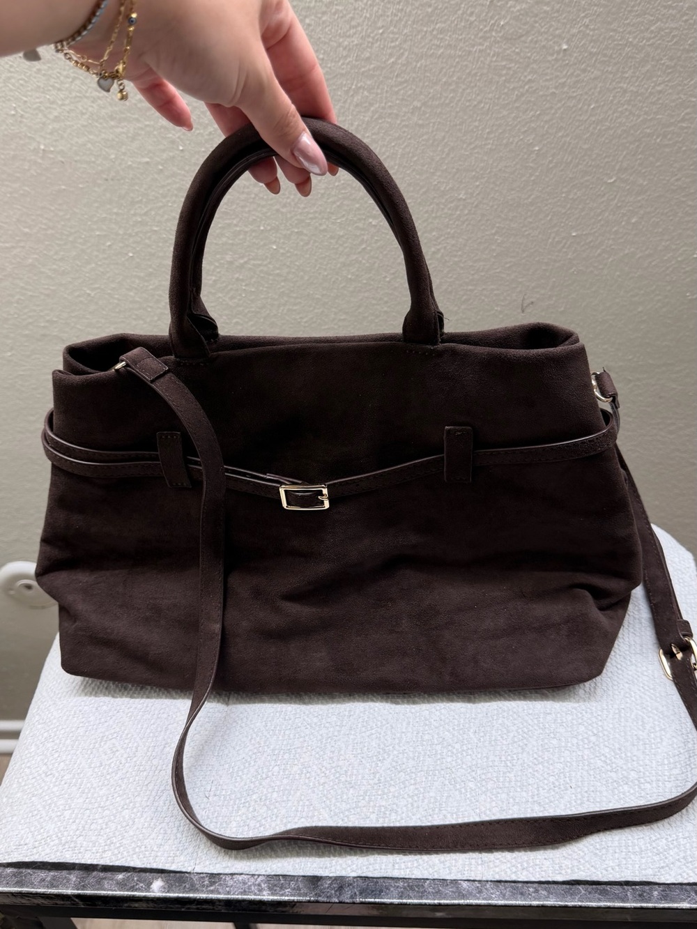 Anthropologie Classic Brown Suede Tote Bag with Strap